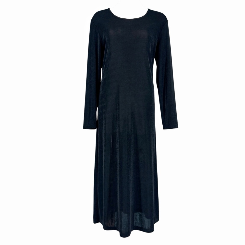 Amanda Vintage Slinky Black Spandex Round Neck Long Sleeve Maxi Dress, Small